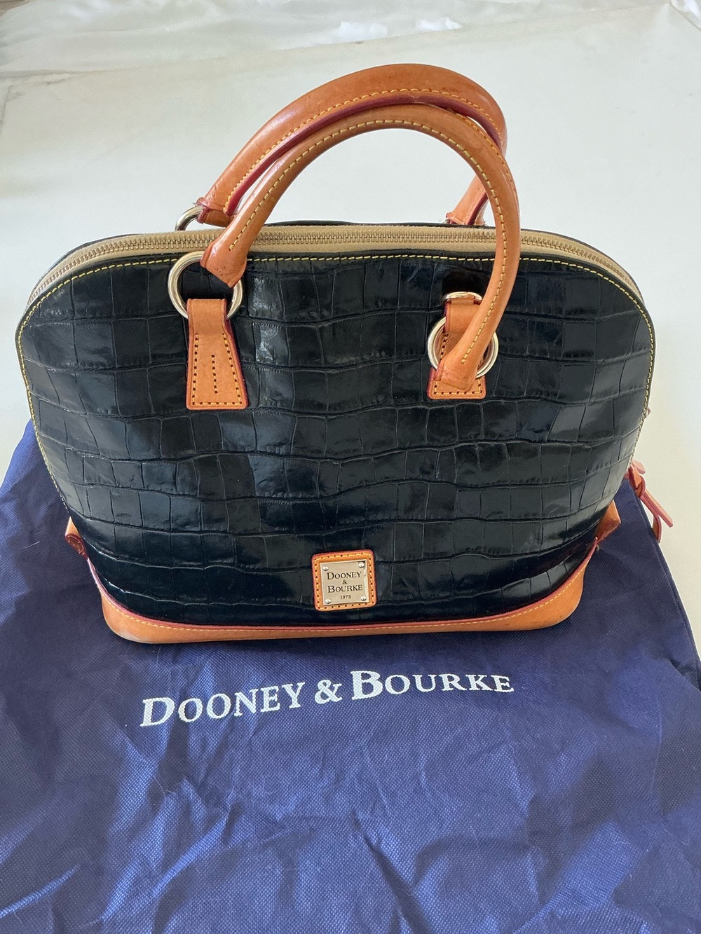 Dooney & Bourke Black Croco Embossed Leather Satchel Bowler Bag w/ Dust Bag